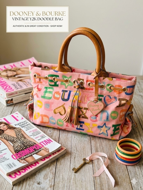 Dooney & Bourke Handbags - Dooney & Bourke Pink Multicolor Doodle Tote with Leather Trim